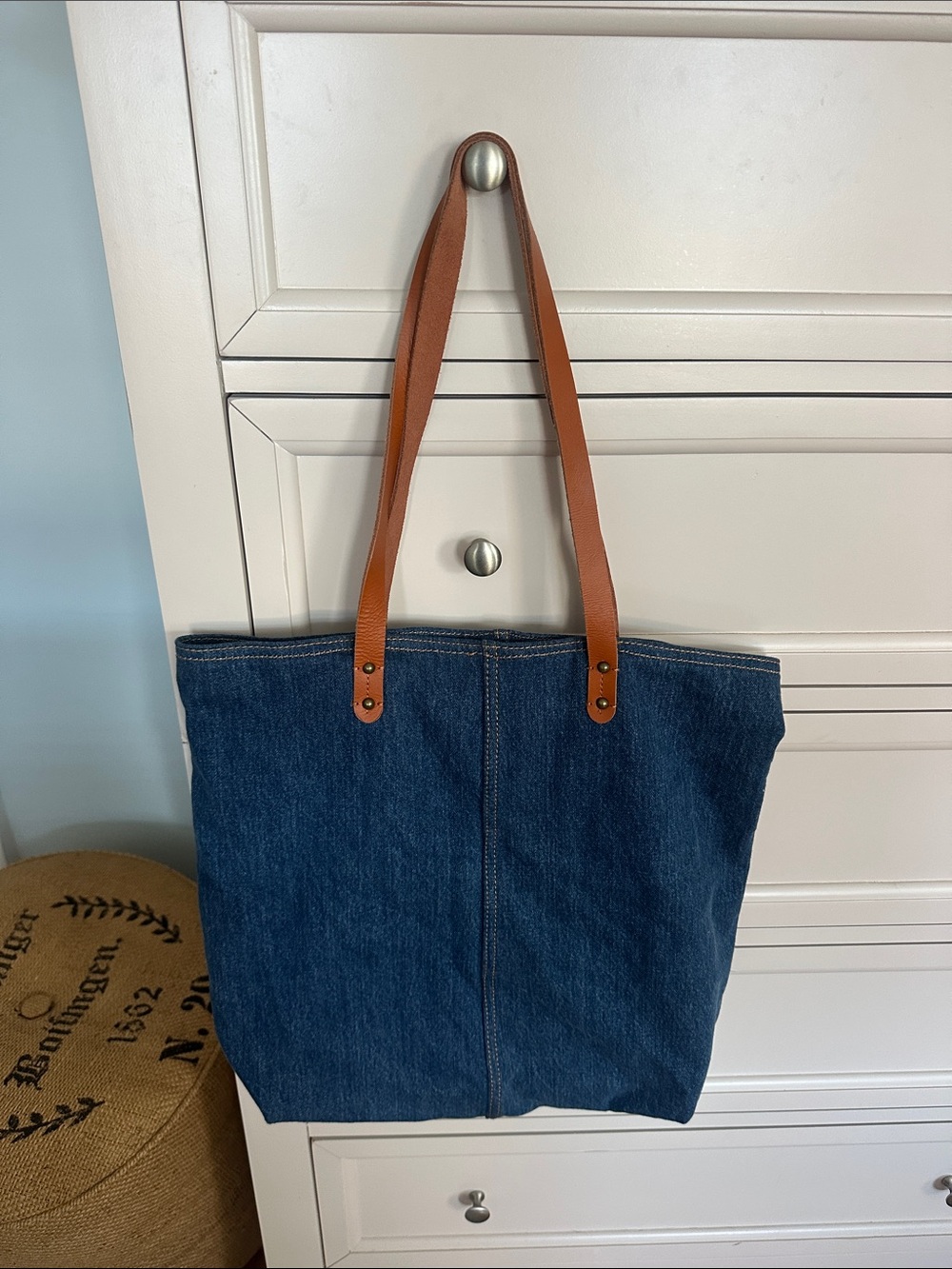 Like new GAP Classic Denim Tote with Brown Leather Straps